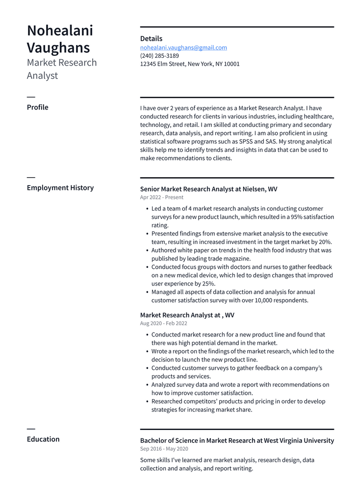 Market Research Analyst Resume Example