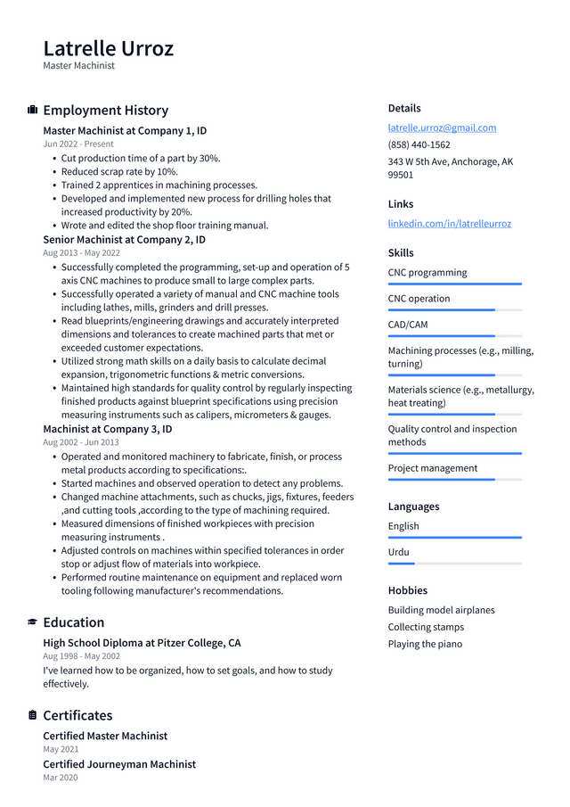 Machinist Resume Example and Writing Guide - ResumeLawyer