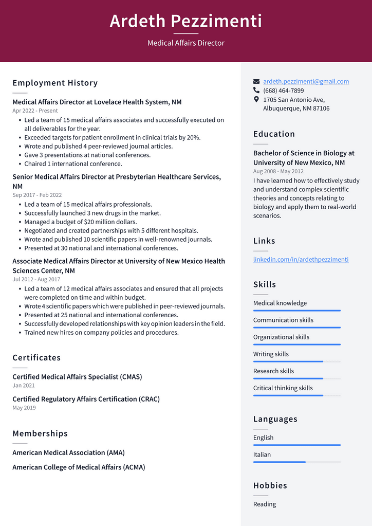 Medical Affairs Director Resume Example