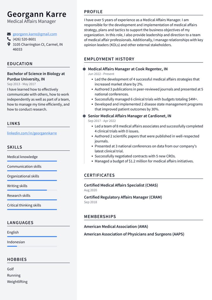 Medical Affairs Manager Resume Example