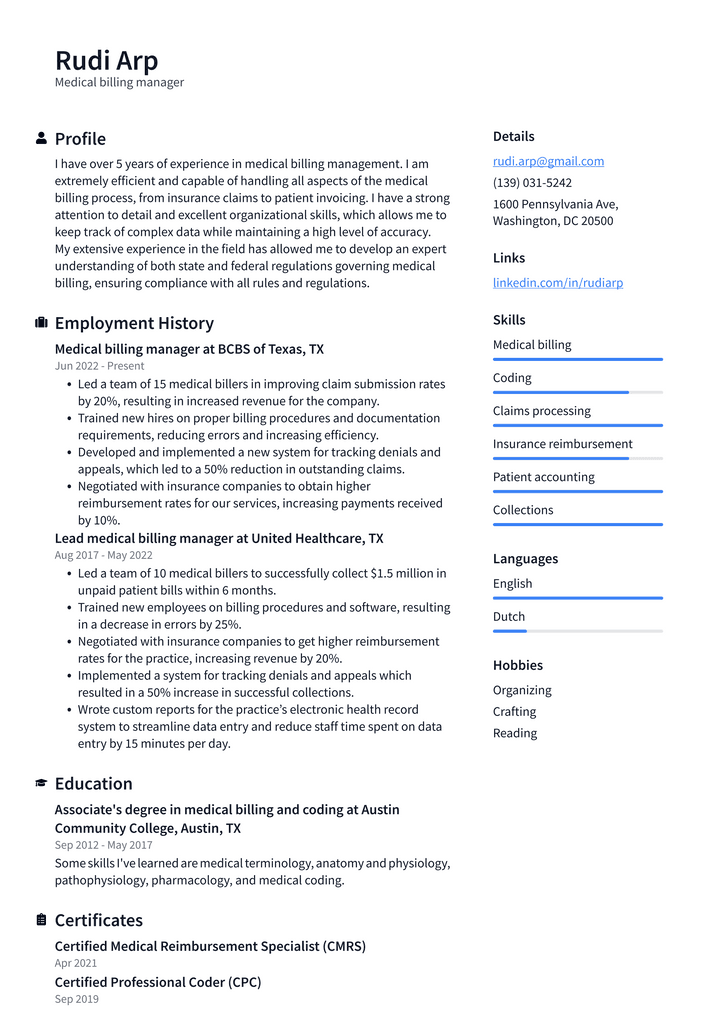 Medical billing manager Resume Example