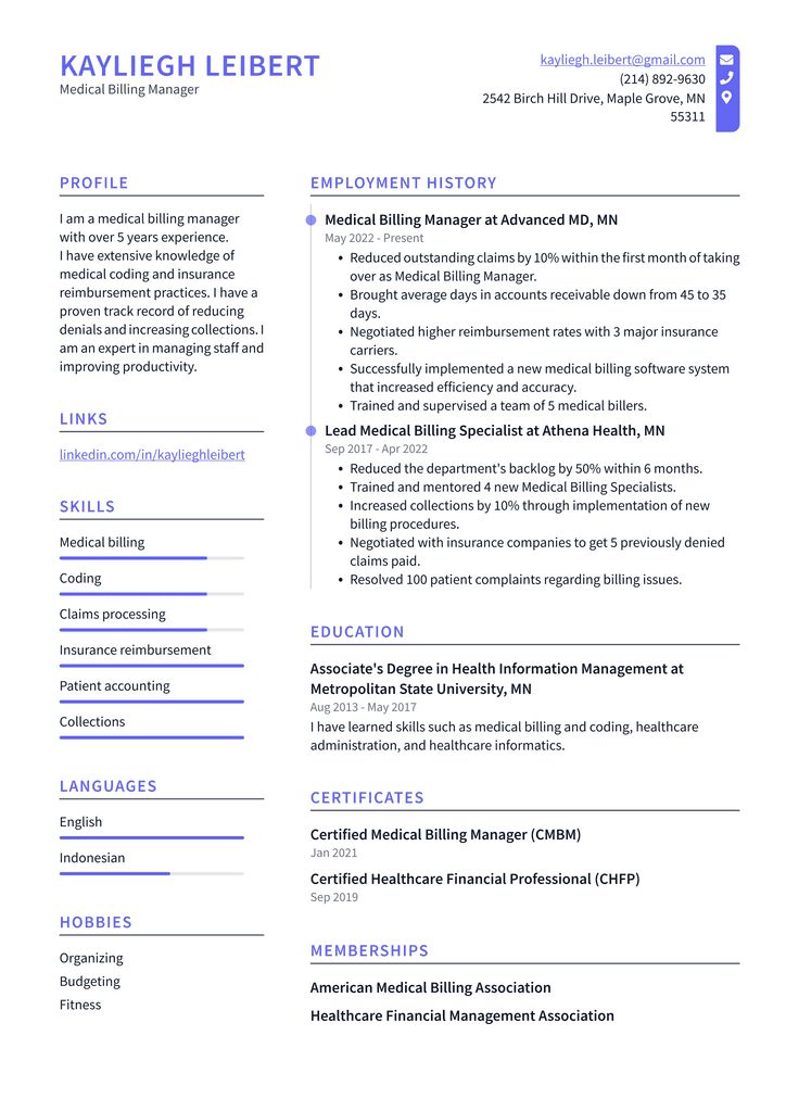 Medical Billing Manager Resume Example