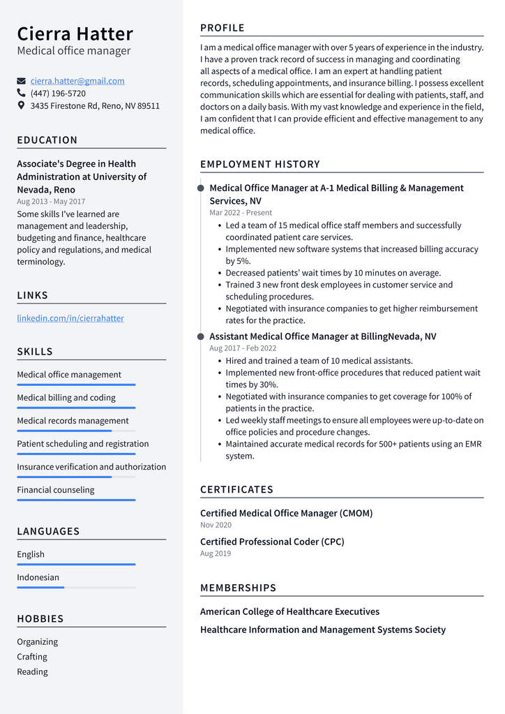 Medical office manager Resume Example