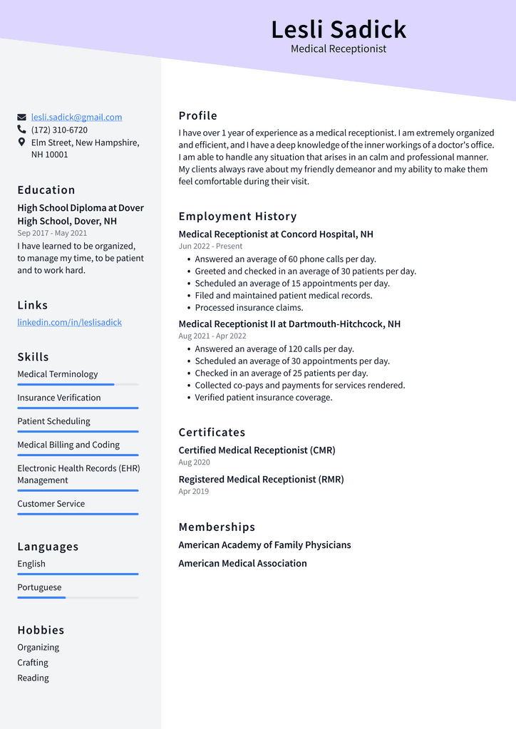 Medical Receptionist Resume Example