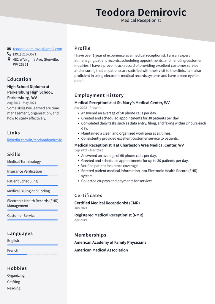 Medical Receptionist Resume Example