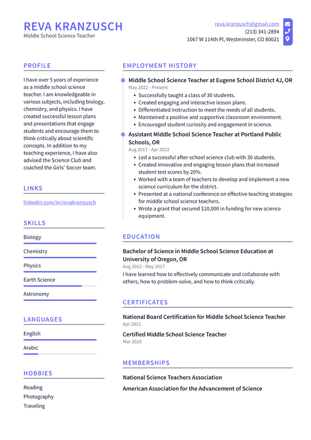 Middle School Teacher Resume Example and Writing Guide - ResumeLawyer