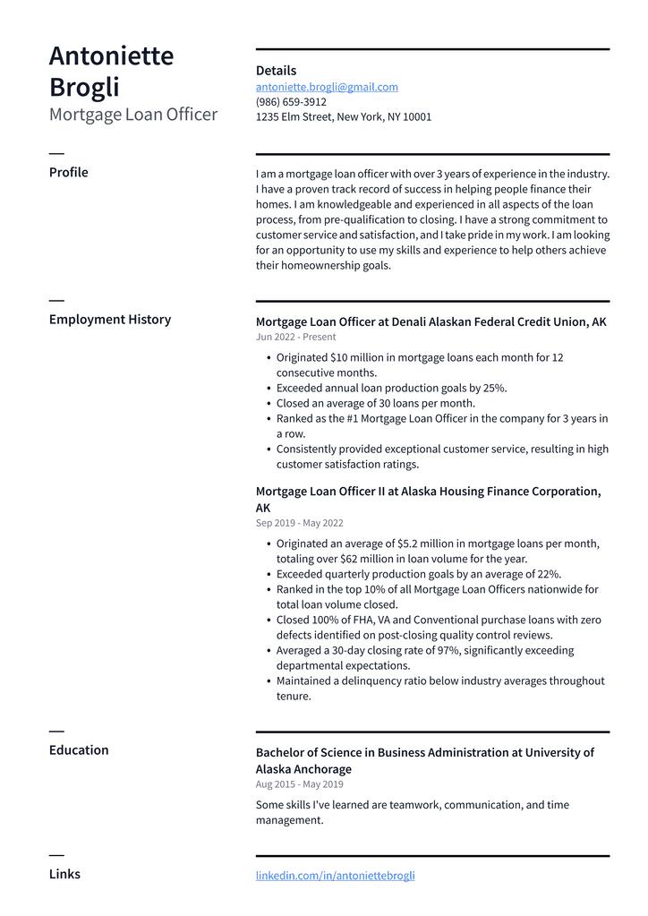 Mortgage Loan Officer Resume Example