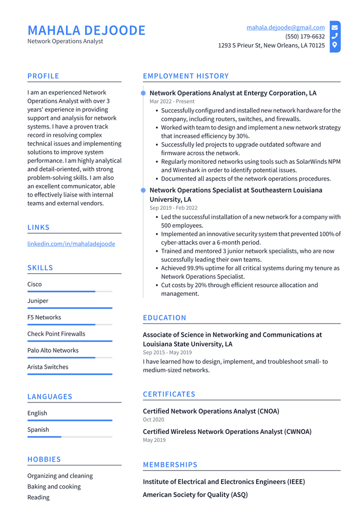 Network Operations Analyst Resume Example