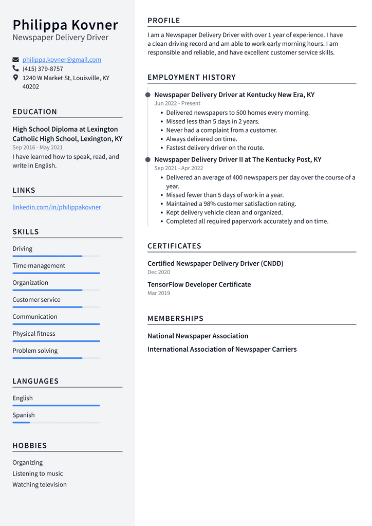 Newspaper Delivery Driver Resume Example
