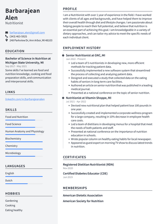 Nutritionist Resume Example And Writing Guide ResumeLawyer
