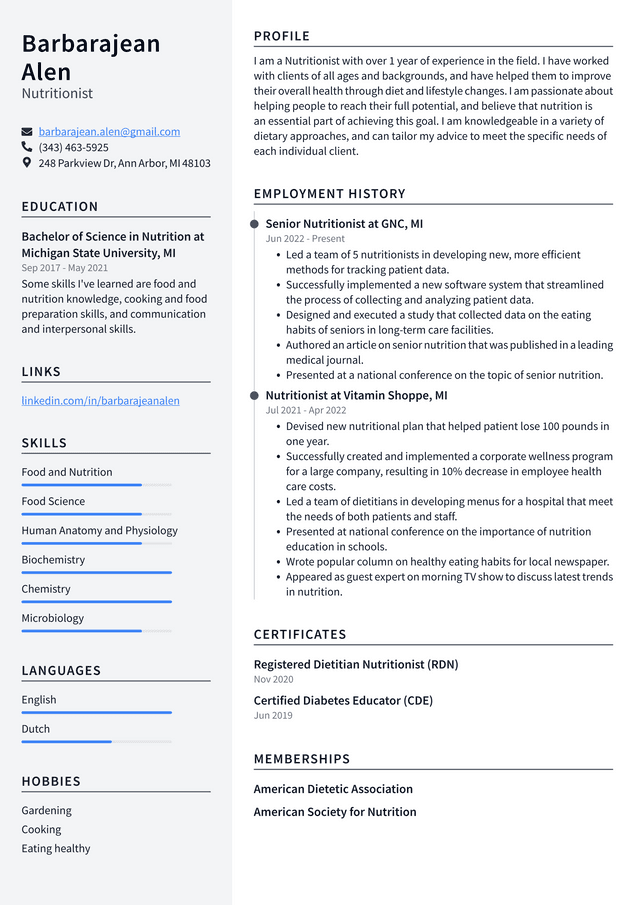 Nutritionist Resume Example and Writing Guide - ResumeLawyer