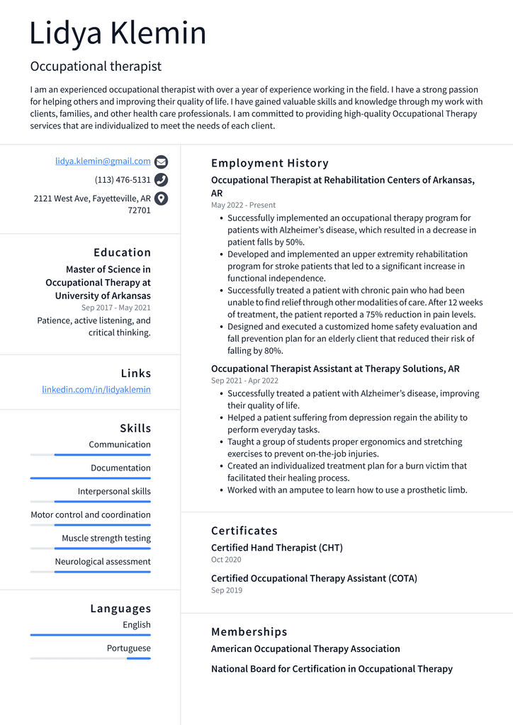 Occupational therapist Resume Example