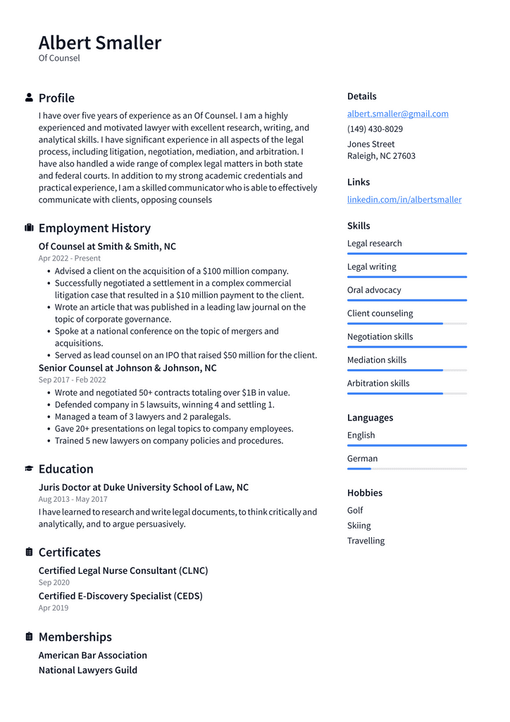 Of Counsel Resume Example