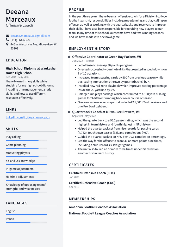 Offensive Coach Resume Example