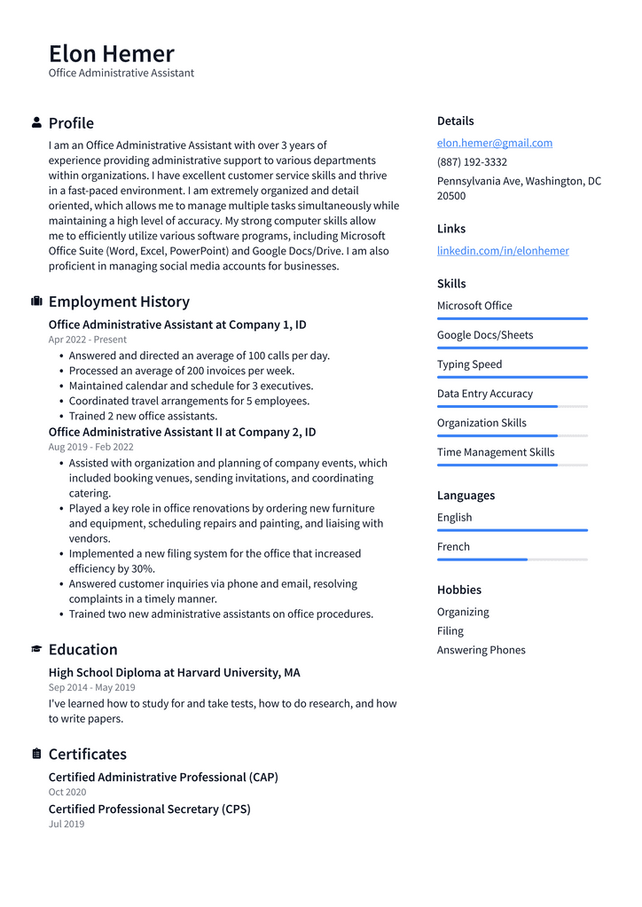 Office Administrative Assistant Resume Example