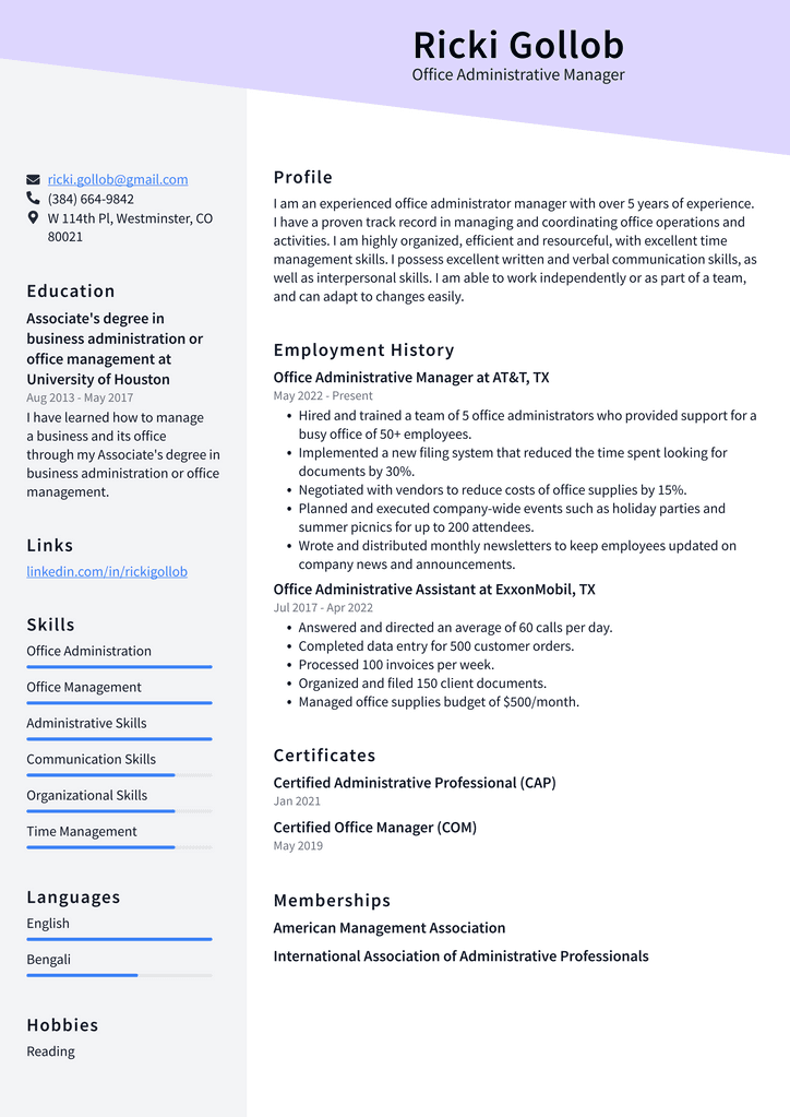 Office Administrative Manager Resume Example