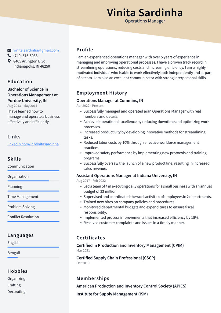 Operations Manager Resume Example