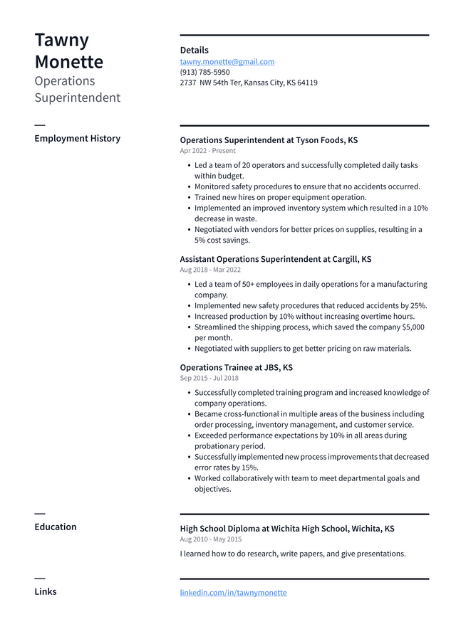 Operations Manager Resume Example and Writing Guide