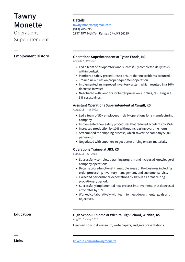 Operations Superintendent Resume Example