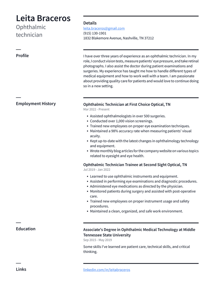 Ophthalmic technician Resume Example