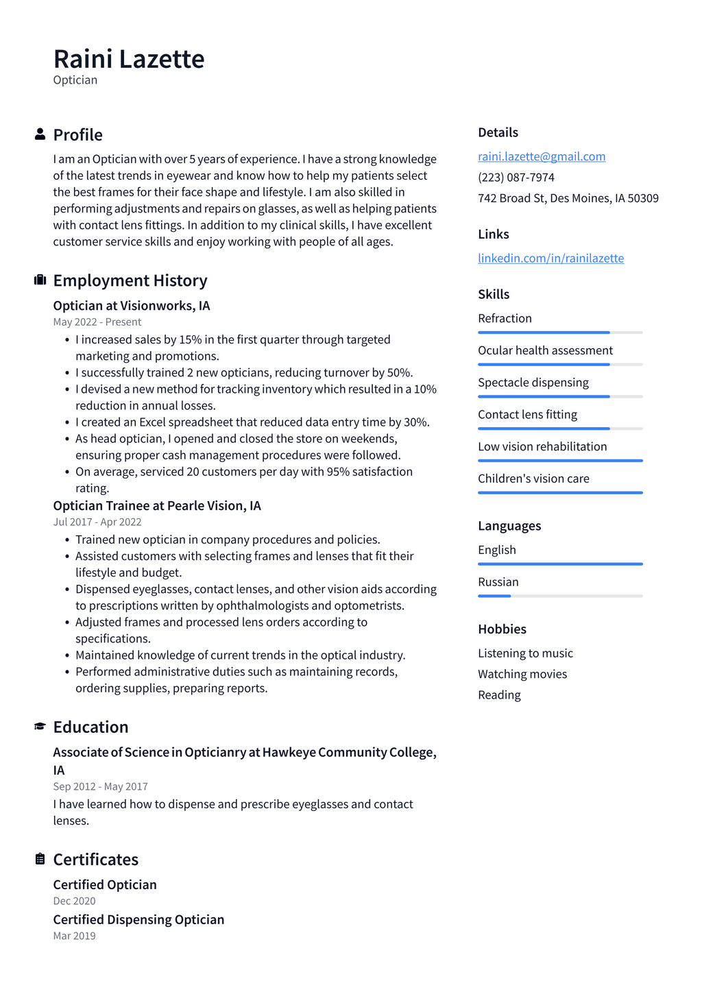 Optometrist Resume Example and Writing Guide - ResumeLawyer