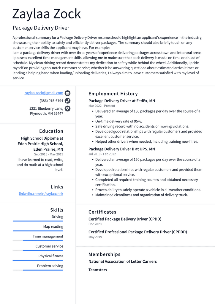 Package Delivery Driver Resume Example