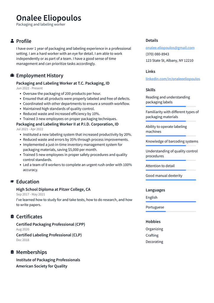 Packaging and labeling worker Resume Example