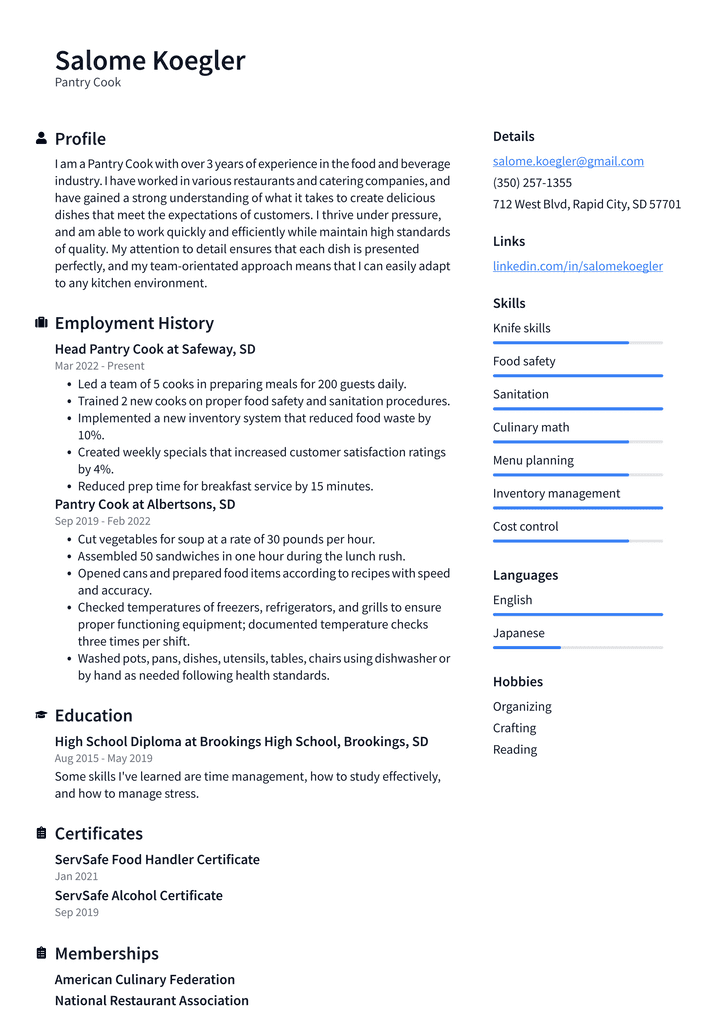 Pantry Cook Resume Example