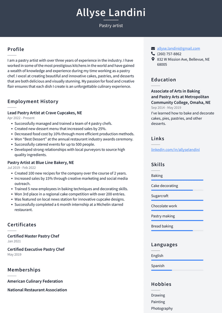 Pastry artist Resume Example