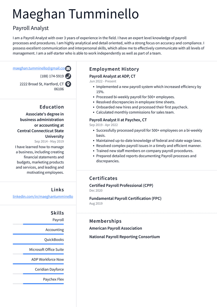Payroll Analyst Resume Example