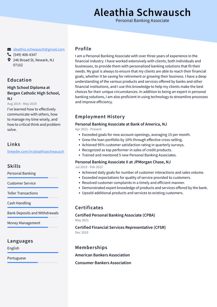 Personal Banking Associate Resume Example