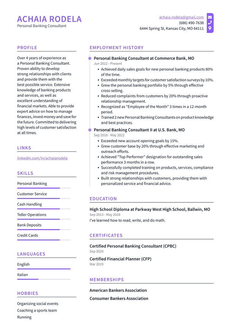 Personal Banking Consultant Resume Example