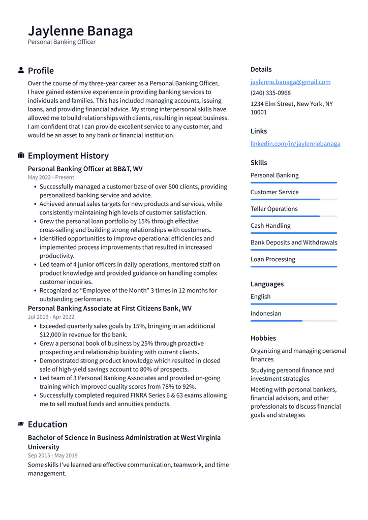 Personal Banking Officer Resume Example