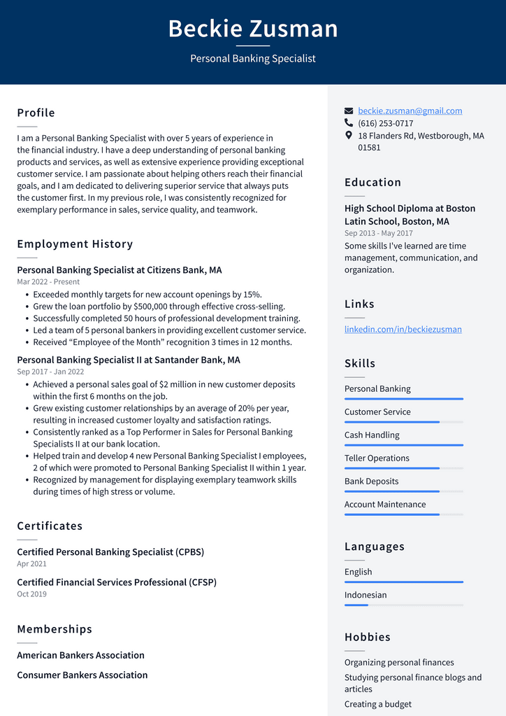 Personal Banking Specialist Resume Example