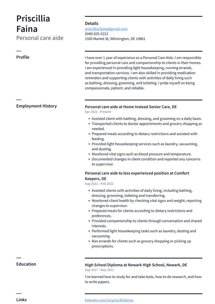 Personal care aide Resume Example