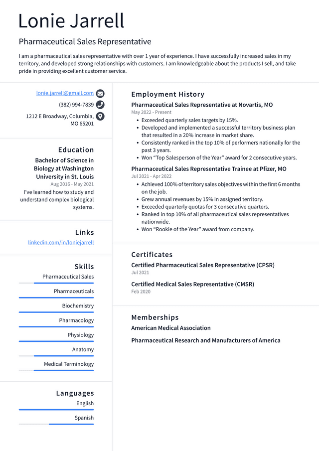 Pharmaceutical Sales Representative Resume Example and Writing Guide