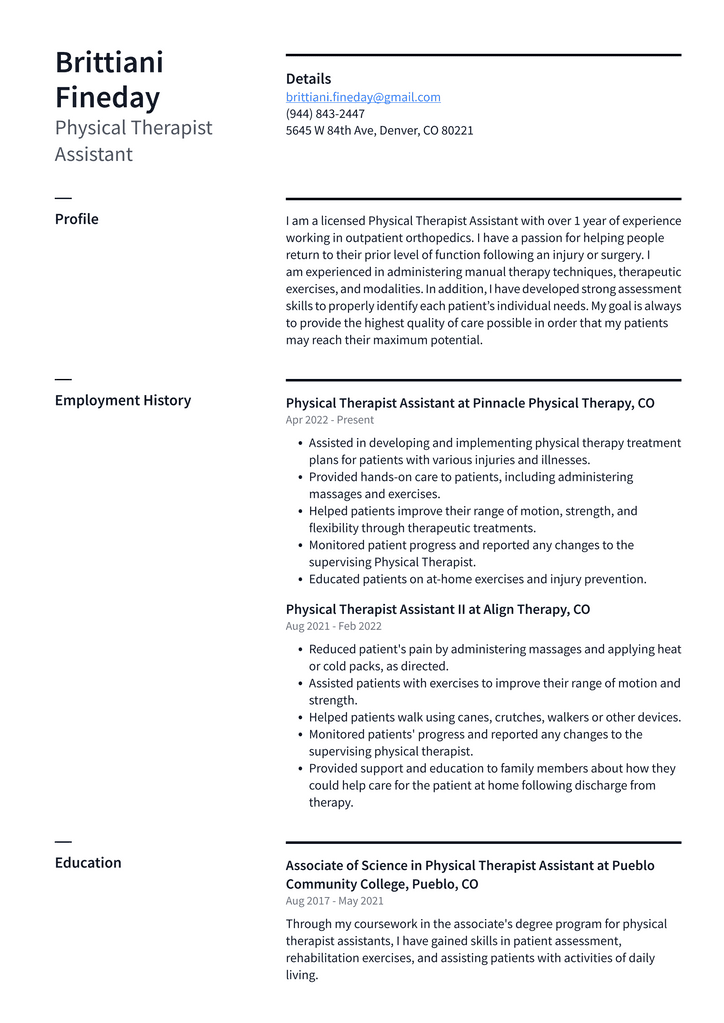 Physical Therapist Assistant Resume Example