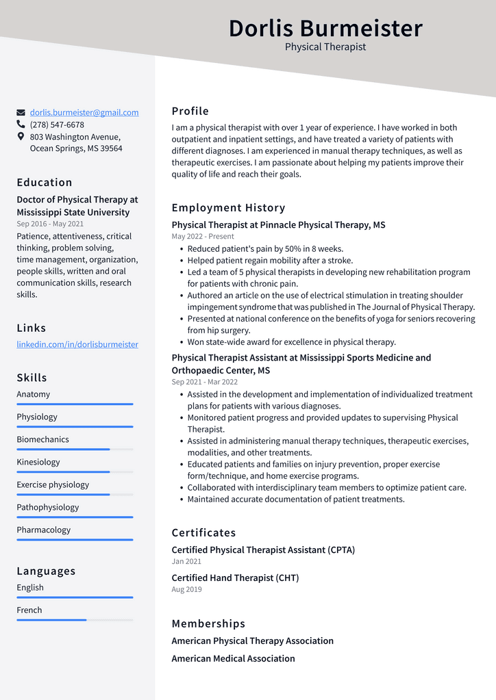 Physical Therapist Resume Example