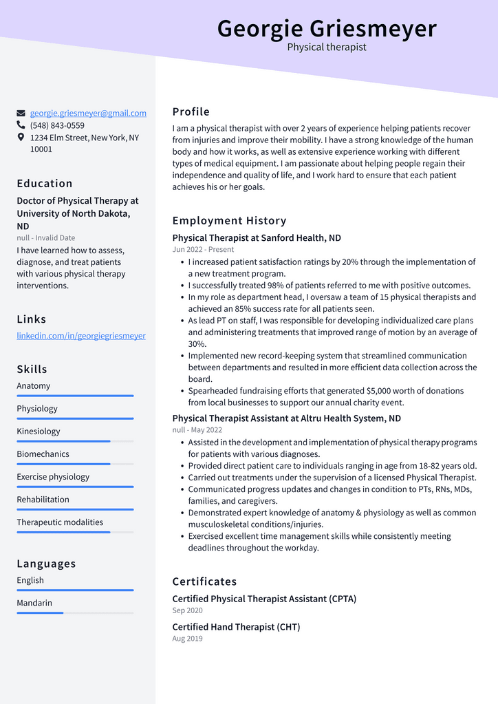 Physical therapist Resume Example