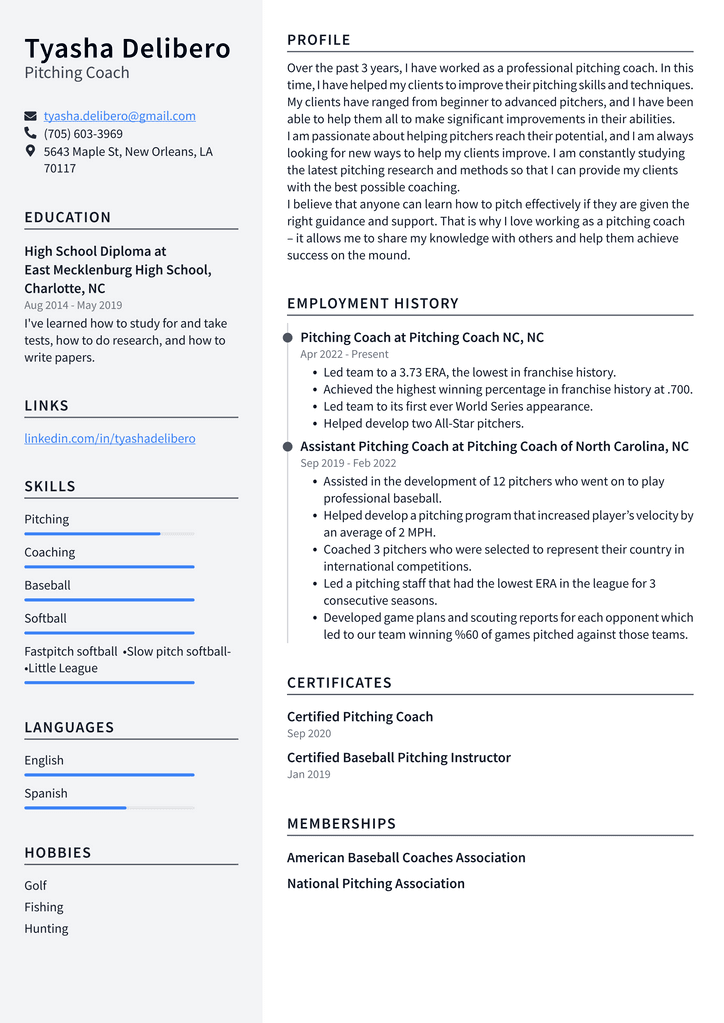 Pitching Coach Resume Example
