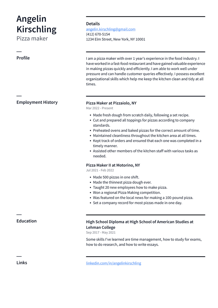 Pizza maker Resume Example