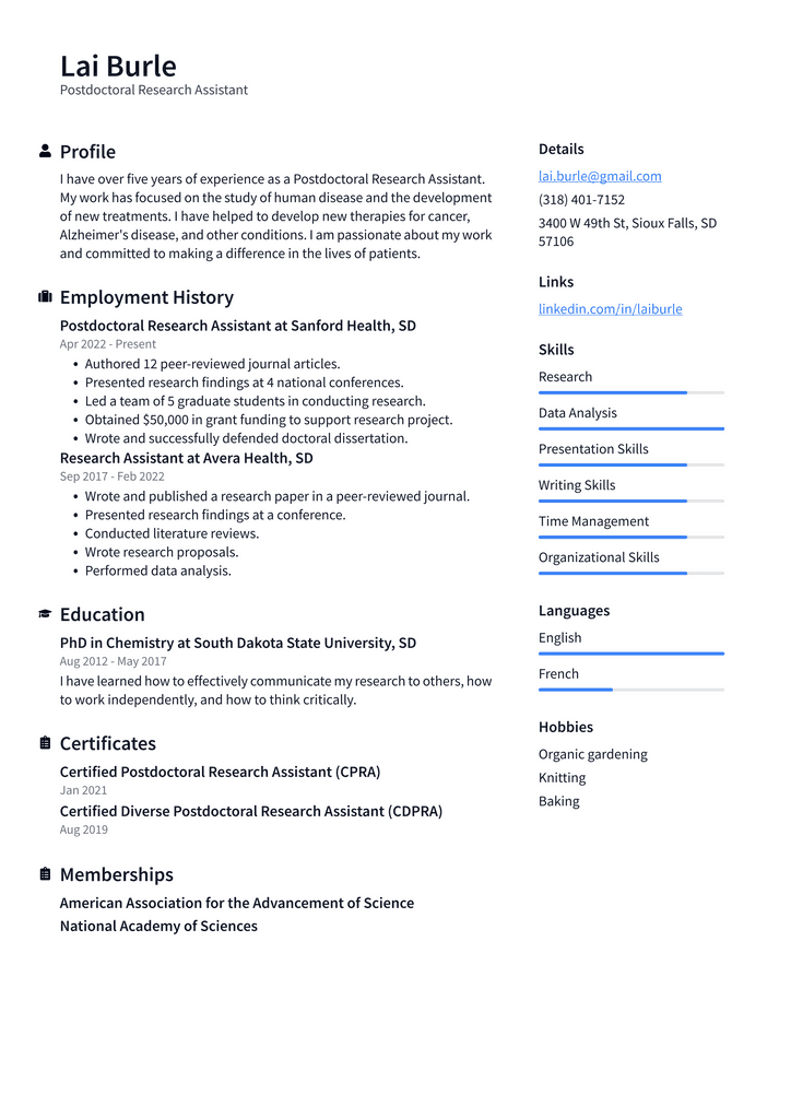 Postdoctoral Research Assistant Resume Example