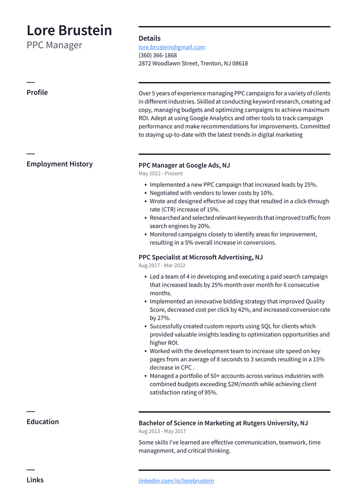 PPC Manager Resume Example