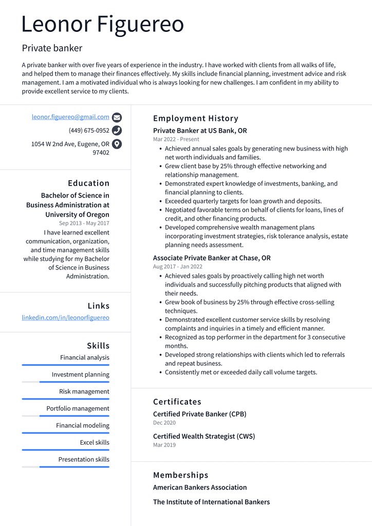Private banker Resume Example