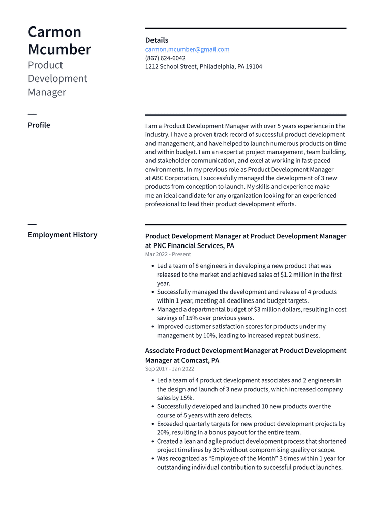 Product Development Manager Resume Example