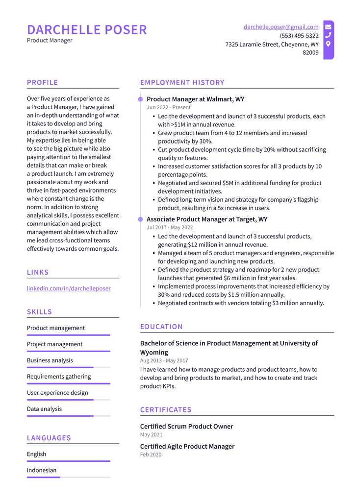 Product Manager Resume Example