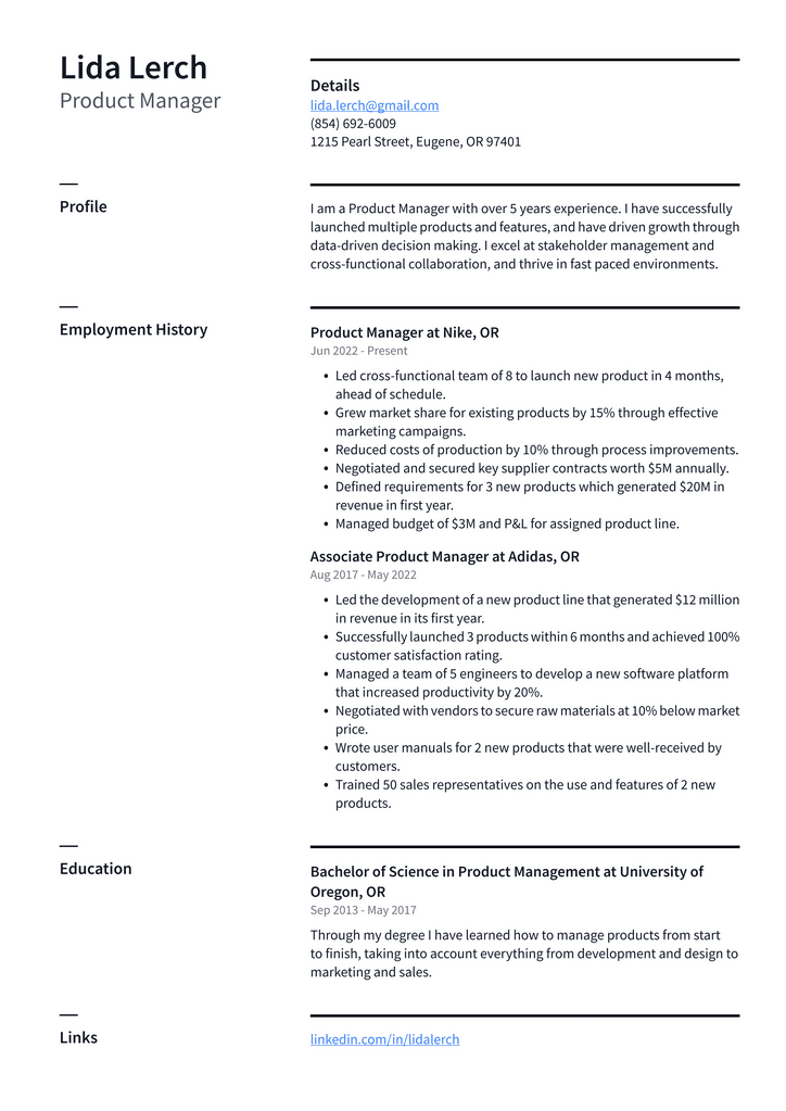 Product Manager Resume Example