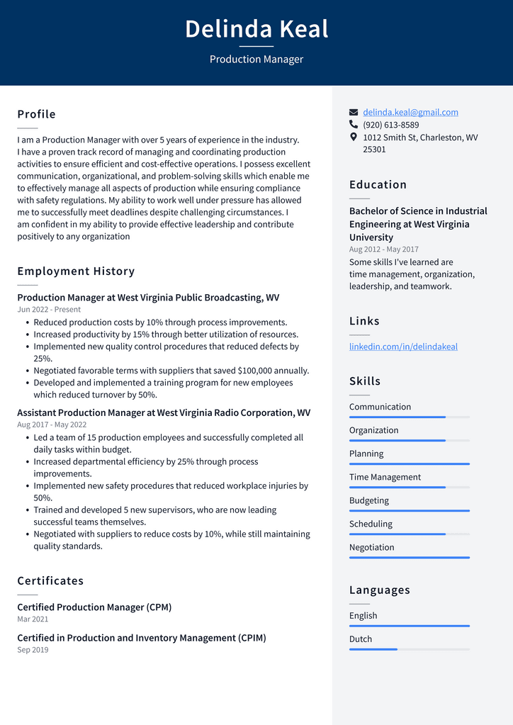 Production Manager Resume Example