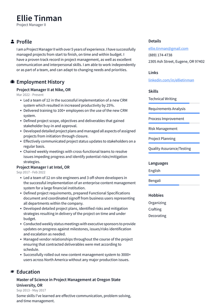 Project Manager II Resume Example