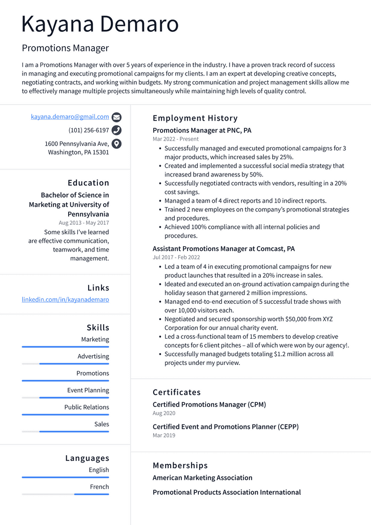 Promotions Manager Resume Example